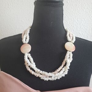 #White /Light Rose Coral Shell Chips Multilayered Necklace